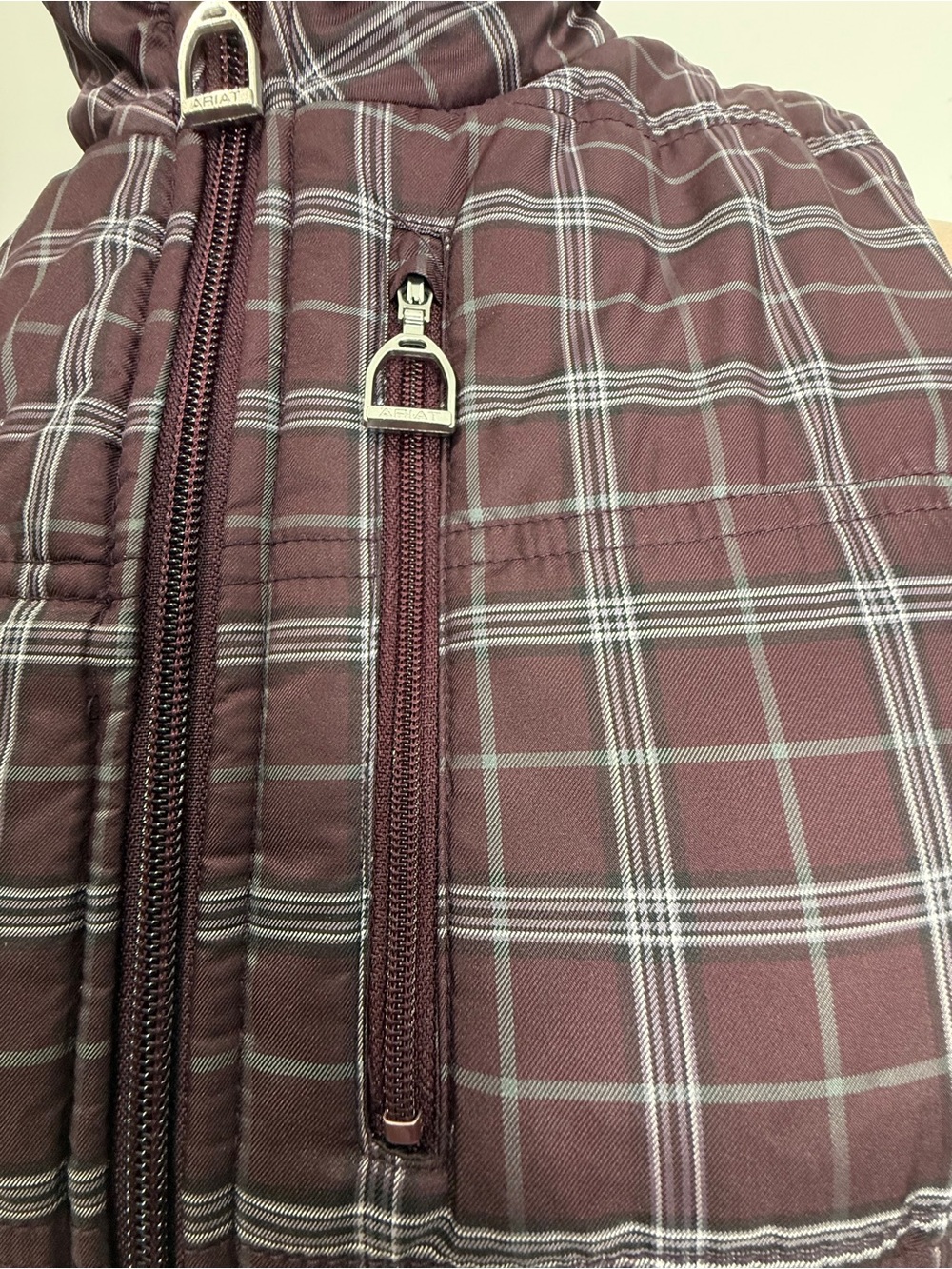 Ariat Plaid Quilted Puffer Vest - Burgundy with Gray - Picture 2 of 16